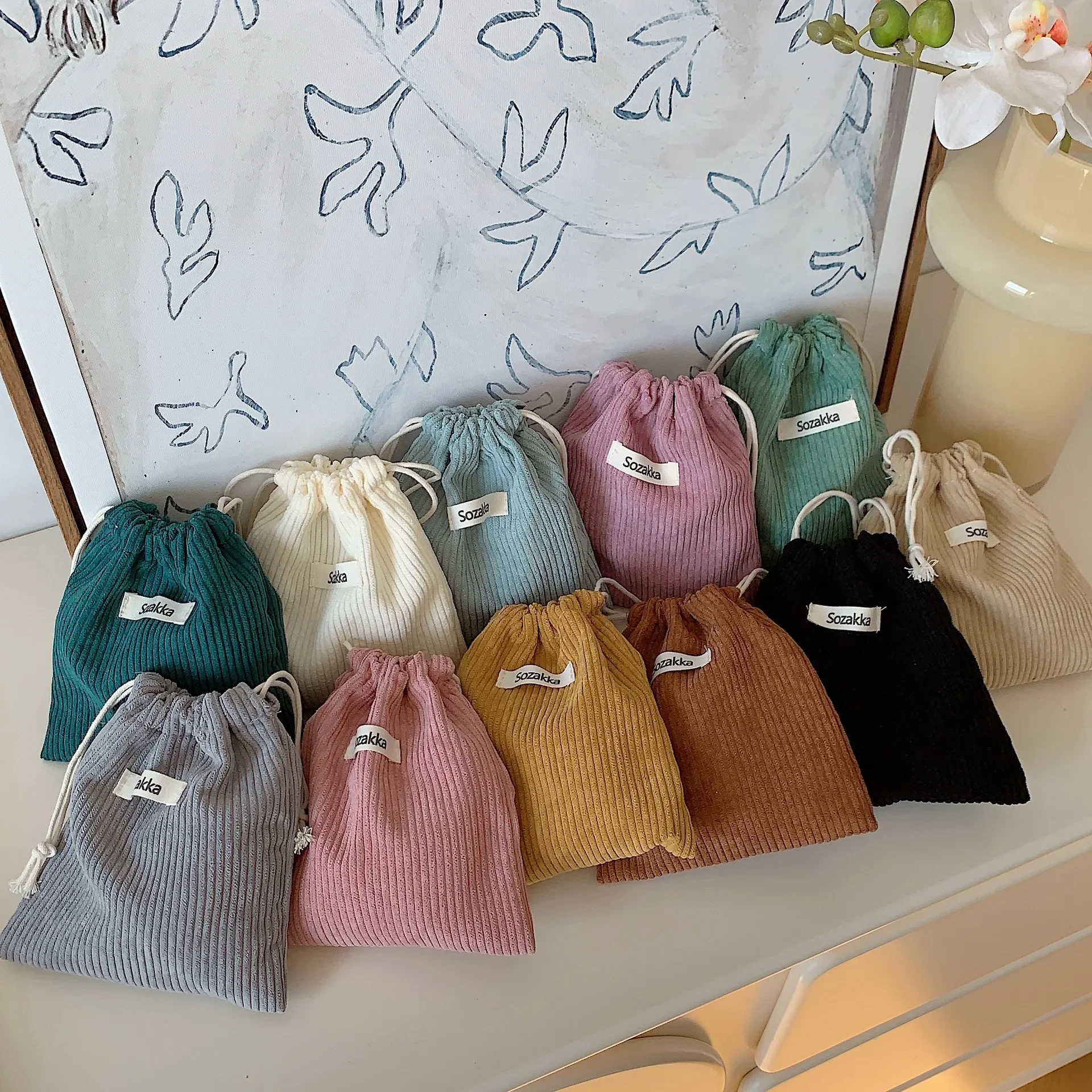 Cosmetic Storage Bag Solid Color Corduroy Drawstring 1pc