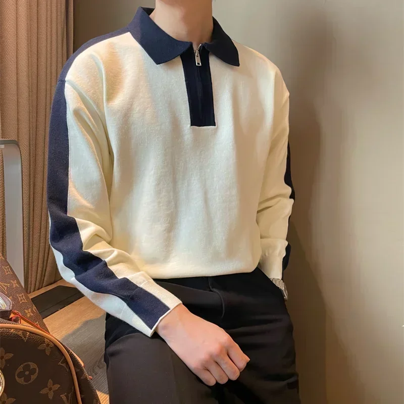 thumbnail image 1 of Suéteres de punto para hombre, estilo coreano, blanco, con cremallera, ropa para hombre, pulóveres, polos empalmados, holgados, S, diseñador, moda de lujo AV, 1 of 5