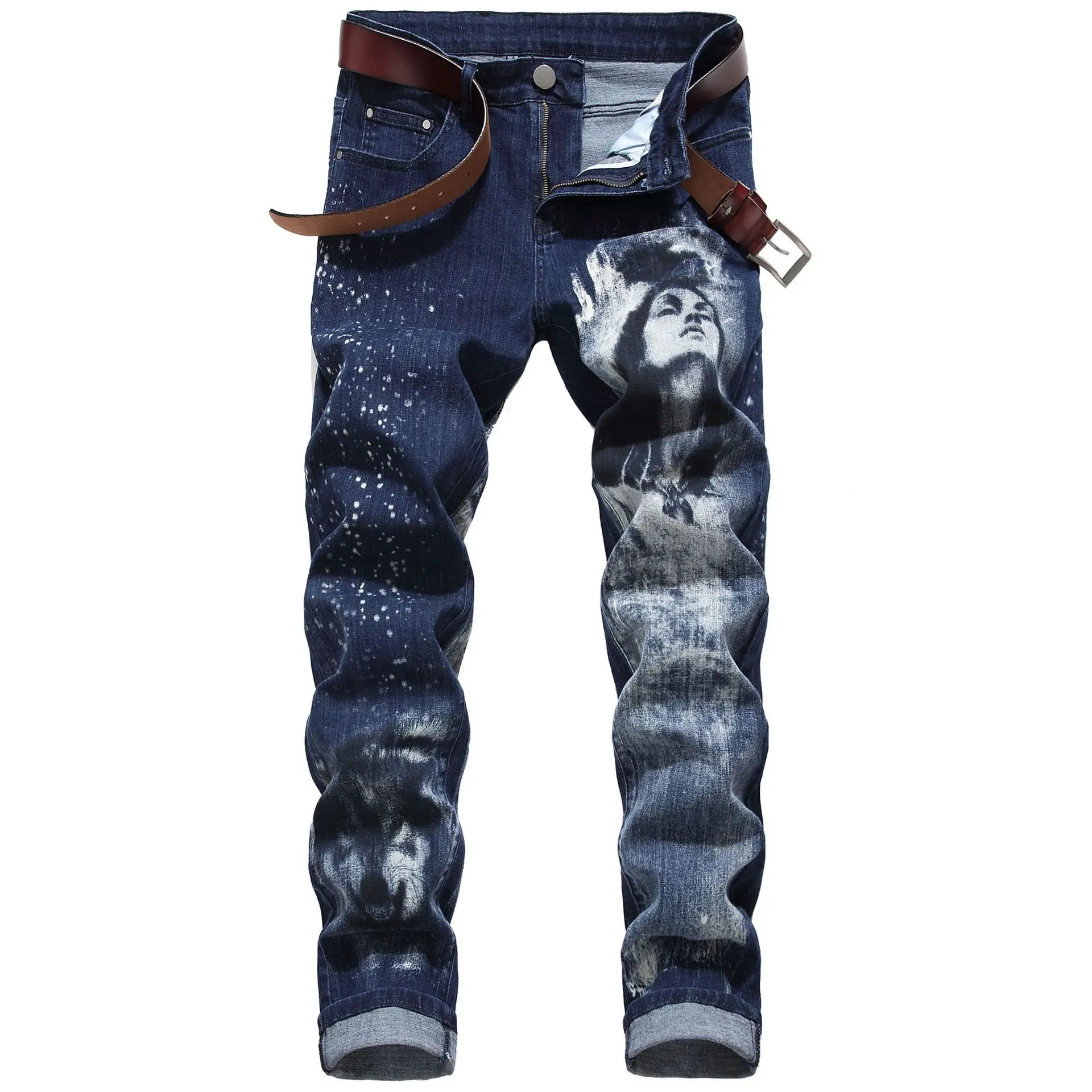 Blue Men's Jeans 3D Digital Print Stretch Denim Pants Blue Black White Trousers Men Fashion Slacks 28-34 36 38 40 42 4