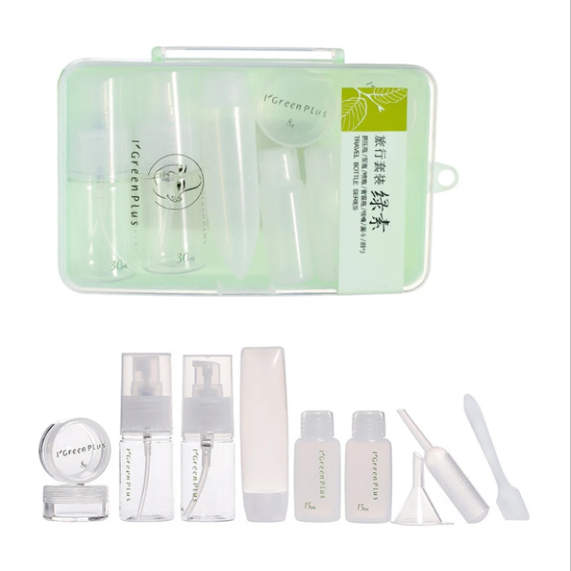 

10PCS/Set Split Bottle Skin Care Packing Kit Empty Bottle For Cosmetics Lotion Travel Essentials Green Clear Plastic Bottle