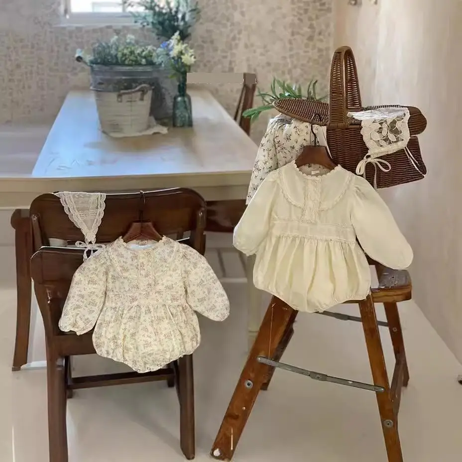 

2024 Spring New Baby Girl Long Sleeve Bodysuit Cotton Newborn Toddler Cute Flower Print Princess Jumpsuit Infant Clothes 0-24M