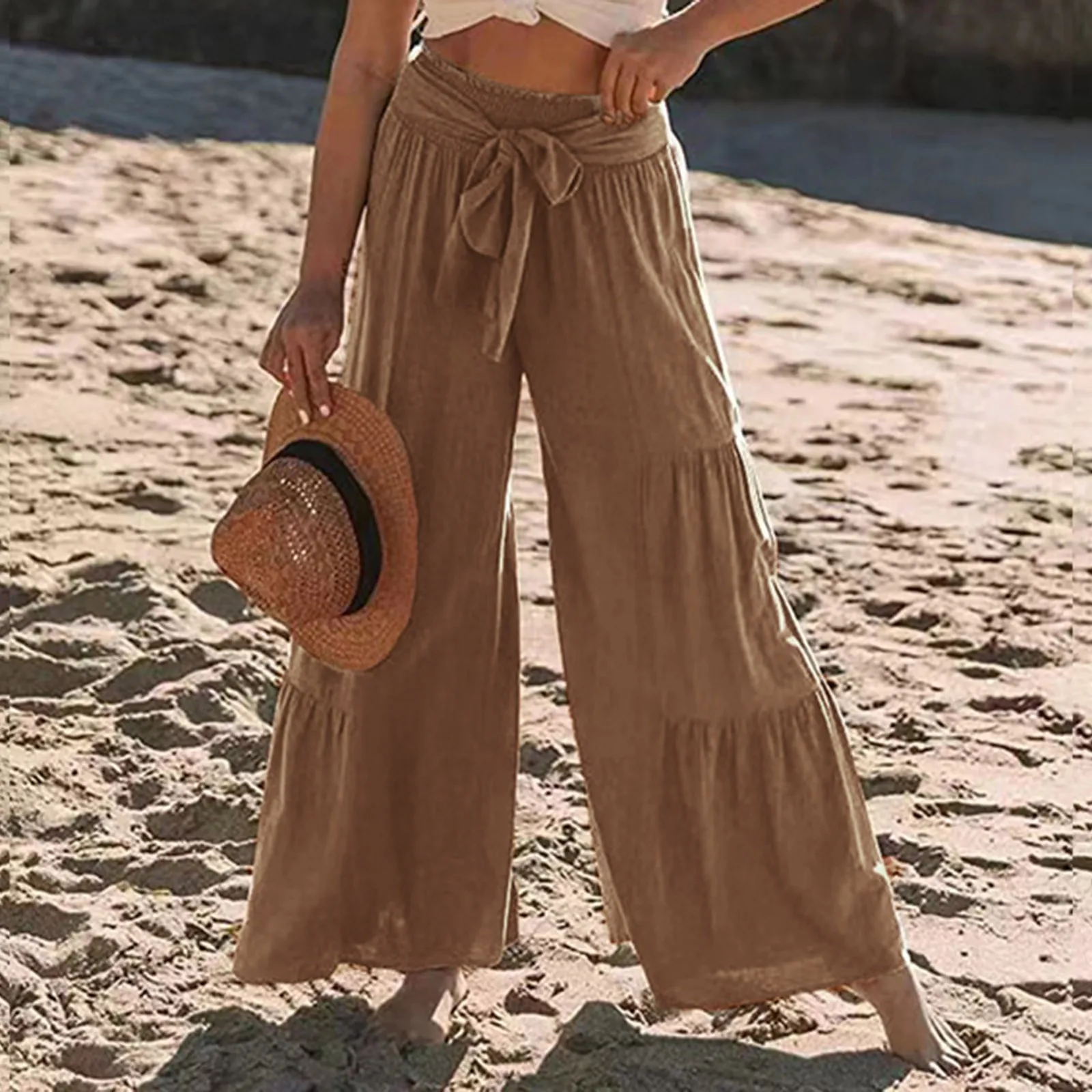 

Wide Leg Palazzo Pants For Womens Casual Loose Smocked High Waisted Tie Front Ruffle Flowy Baggy Beach Lounge Pants Trousers