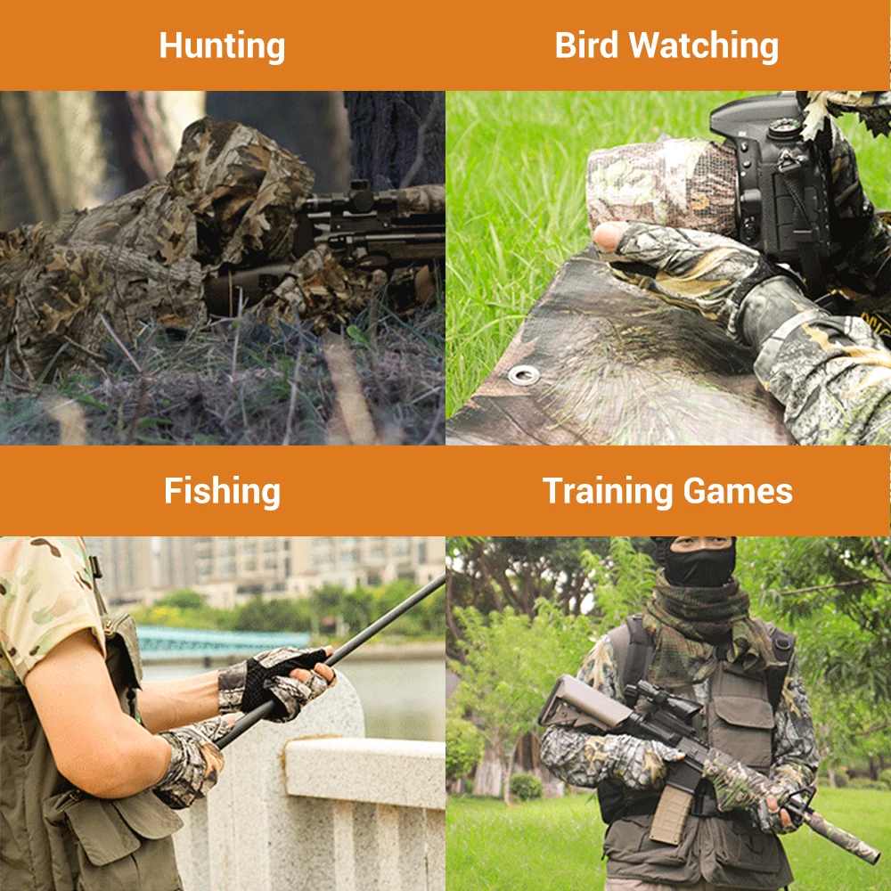 Camouflage Hunting Gloves 3D Leafy Camo Ghillie Gloves Non-Slip Fingerless Bionic for Outdoor Hunting Fishing Photography