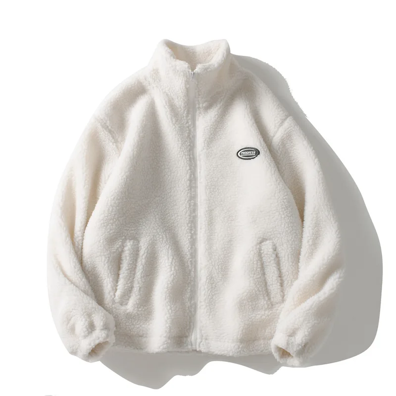 

Hip Hop Winter Fleece Fluffy Jacket Streetwear Harajuku Fuzzy Zipper Coat Men Autumn Solid Color Lightweight Jackets Black Beige