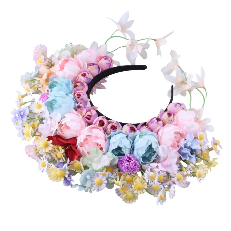 

652F Colorful Flower Headband Crown Hair Wreath Wedding Party Costume Headpiece for Bridal Women Fashion Hair Accessory