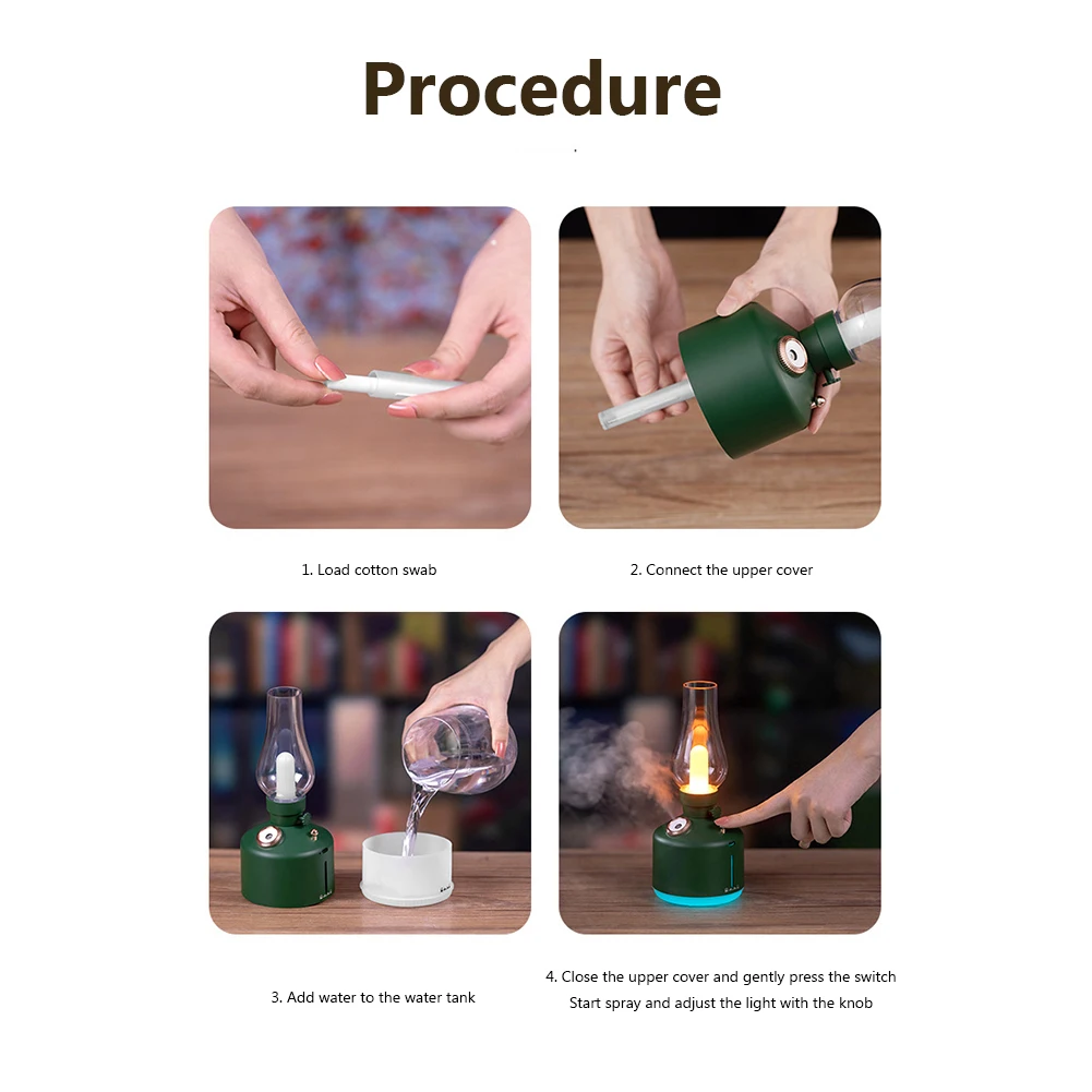 Desktop Retro Lamp Air Humidifier USB Rechargeable Wireless Aroma Diffuser Rechargeable Essential Oil 7 Colors Lights Cool Mist