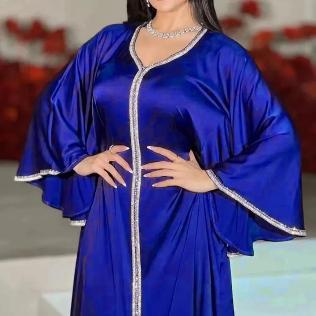 Ramadan Satin Abaya Islamic Long Dress Solid Diamonds Full Sleeve V-Neck Galabiyat Turkish Muslim Caftan for Women