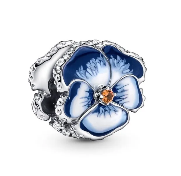 

Original Blue Pansy Flower Beads Charm Fit Pandora Women 925 Sterling Silver Europe Bracelet Bangle Diy Jewelry
