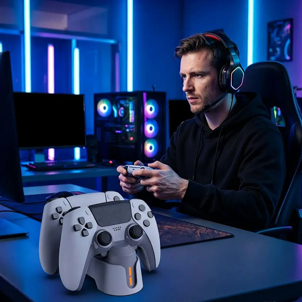 PS5 듀얼 컨트롤러 충전 도크, PS5 및 Edge 컨트롤러용 LED 표시등 접촉식 충전기, 고속 충전 스테이션