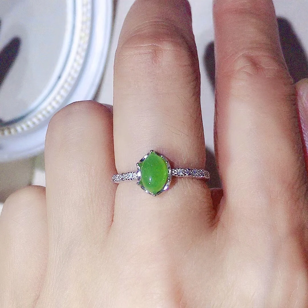 100 Natural Green Jade Ring 5mm*7mm 0.7ct Real Jade Silver Ring for