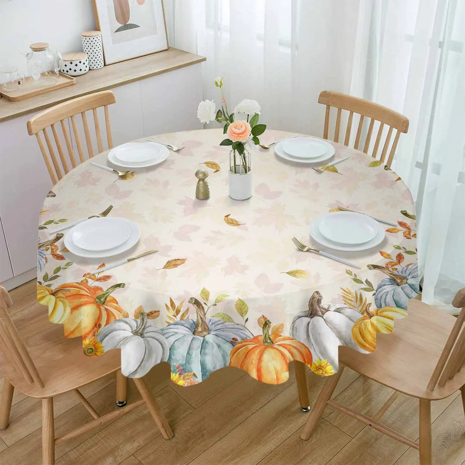

Thanksgiving Pumpkin Sunflowers Round Tablecloth Waterproof Wedding Party Table Cover Holiday Dining Table Tablecloth