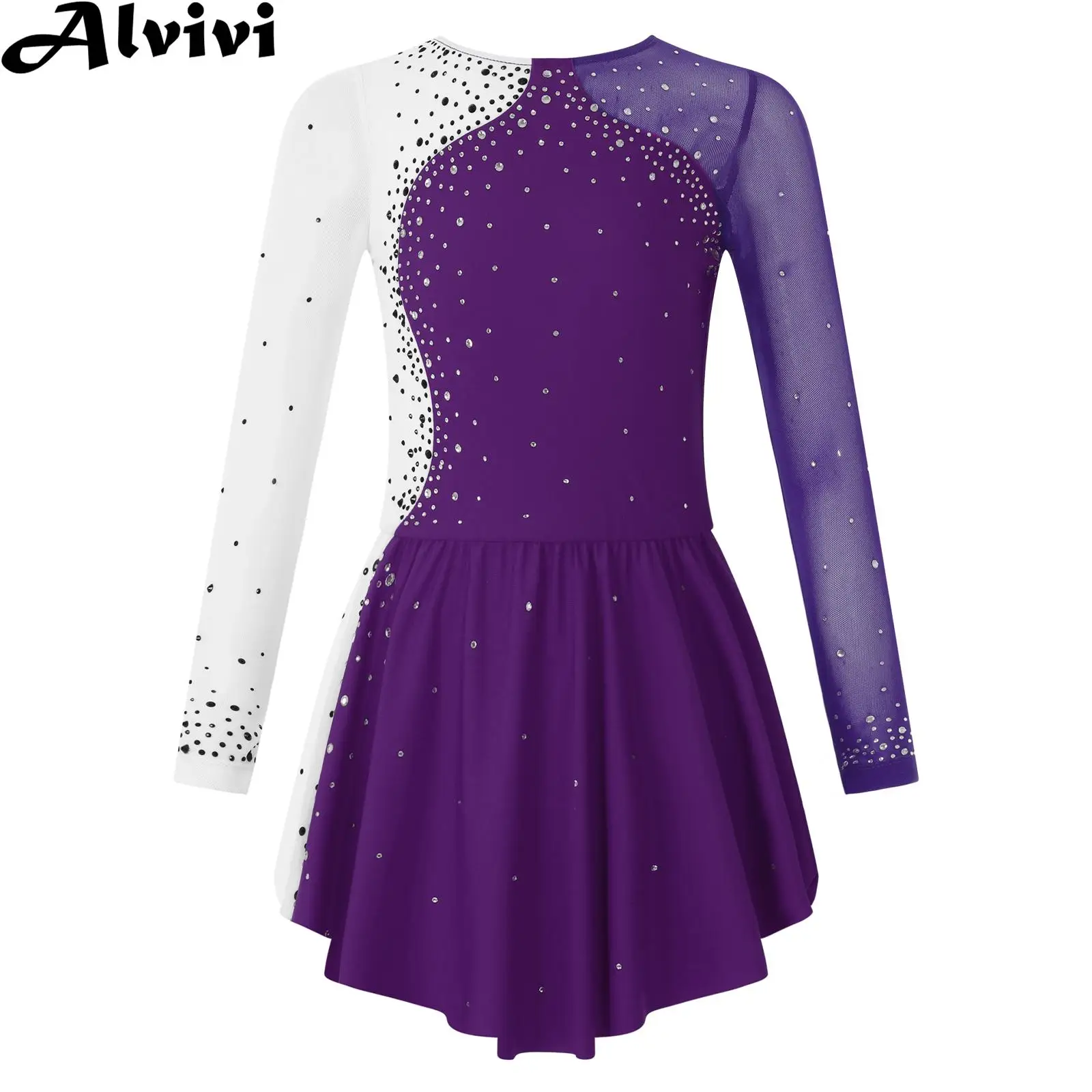 Girls Sparkling Rhinestone Figure Skating and Dance Dress with Sheer Mesh Sleeves