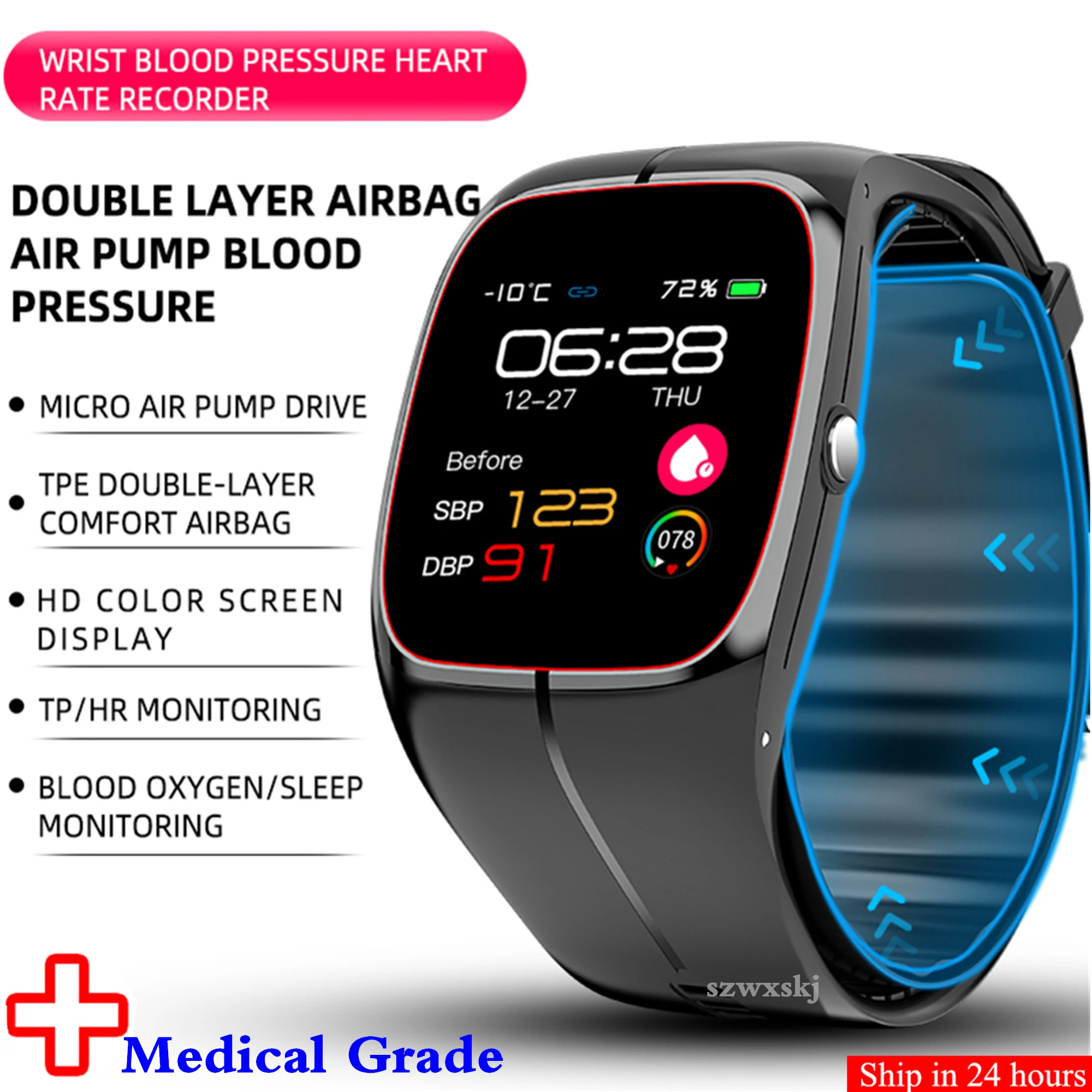 

New Smart Watch Air Pump Sphygmomanometer Medical Grade Heart Rate Thermometer Airbag Wristband Android IOS Elderly Health Watch