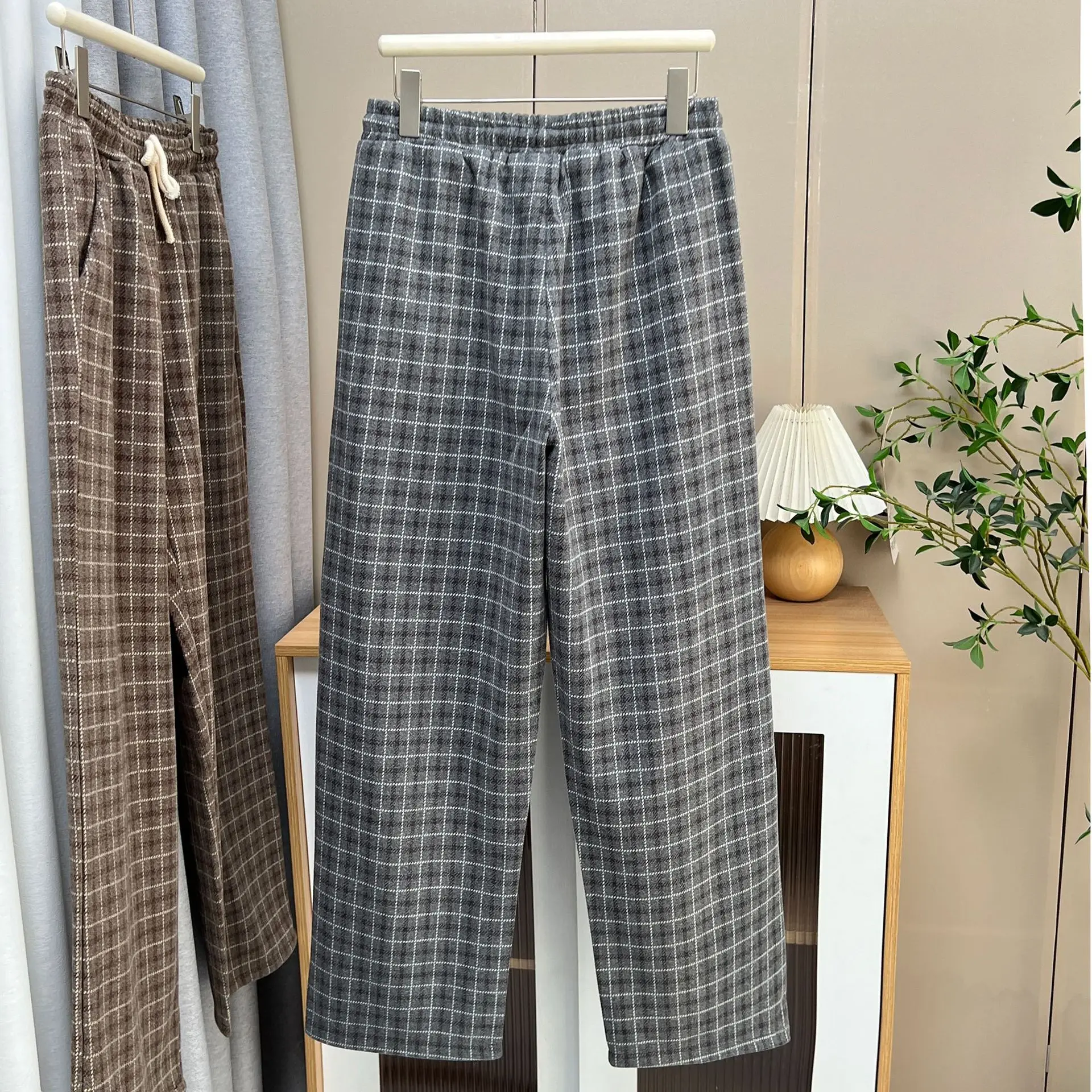 XXXXXL Fashion Plus Size Women's Straight Leg Pants Autumn Winter New Stylish Tweed Casual Woolen Plaid Long Trousers 1737
