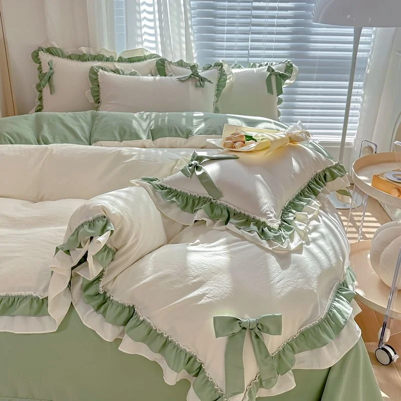 Spring Green Princess Bedding Set Double Layer Lace Bow Quilt Cover Sheet And Pillowcase Simple Pastoral Girl Home Textiles