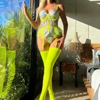 Ensemble de lingerie body brodé floral vert néon, teddy transparent en maille avec porte-jarretelles et bas cuissardes, tenue de club Lenceria 2