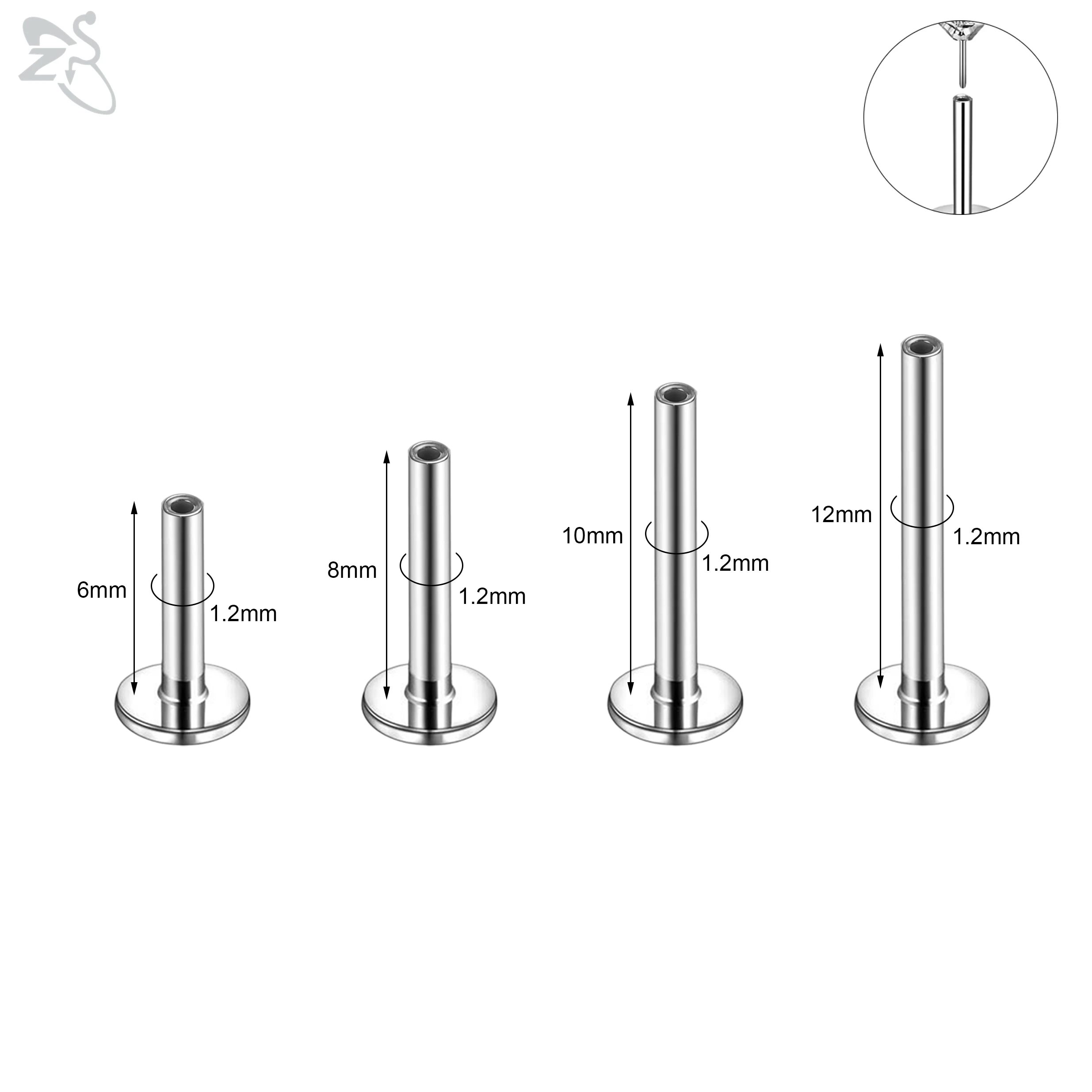 Labret Lip Stud Base ZS 10-20pcs/Lot Stainless Steel 16/18/20G 2 Colors Lip Ear Piercing Bases 6/8/10/12MM Jewelry Accessories piercing jewelry,body piercing jewelry,body jewelry