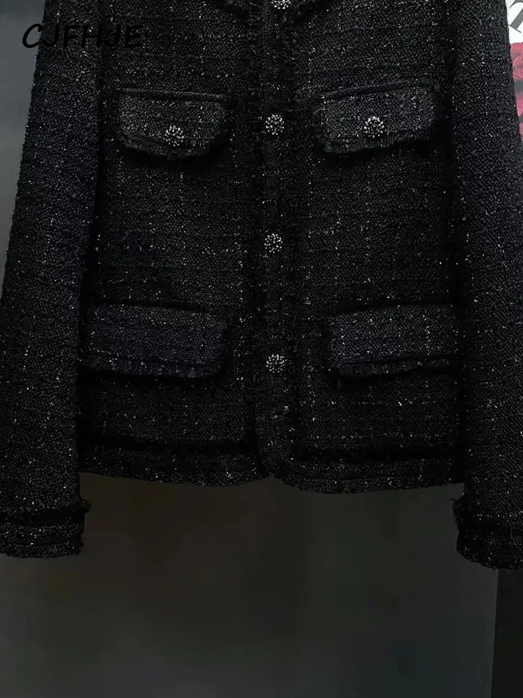 CJFHJE O-neck Autumn Winter New Korean Style Suit Coat Women Long Sleeve Black Single Breasted Plaid Cassic Tweed Blazers Female