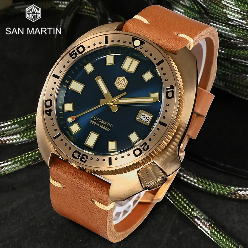 

San Martin 44mm Abalone V4 Turtle Solid CUSN8 Bronze Vintage Diver Men's Watch Leather Strap 20 Bar Waterproof Mechanical Watch