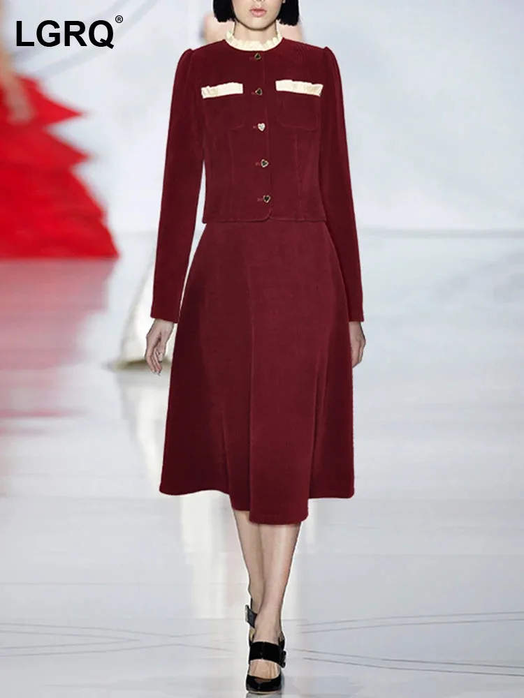 

LGRQ Solid Corduroy Two Piece Set For Women Round Neck Single Breasted Top High Waist Skirts Elegant Sets Spring 2024 New 3WM100