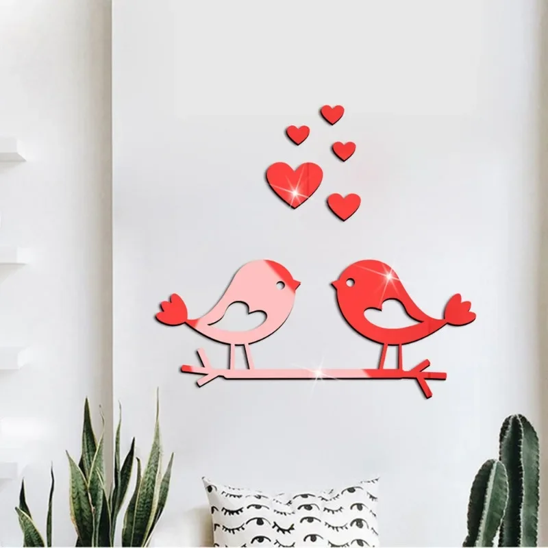 Loving Birds Mirror Wall Sticker Love shape Acrylic Wall Decals 3D Waterproof Self adhesive Sticker For DIY Valentine Day
