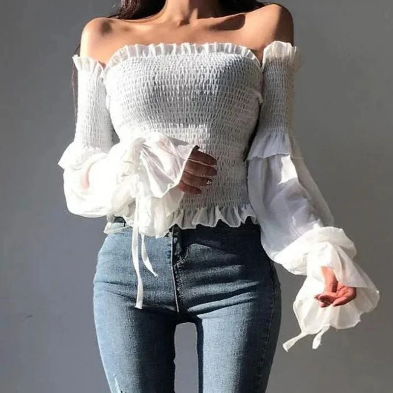 New Spring and Autumn Fashion Women's One-Word Shoulder Long Sleeve Solid Color Shirt Sexy Elastic Band Flared Casual Top 12813