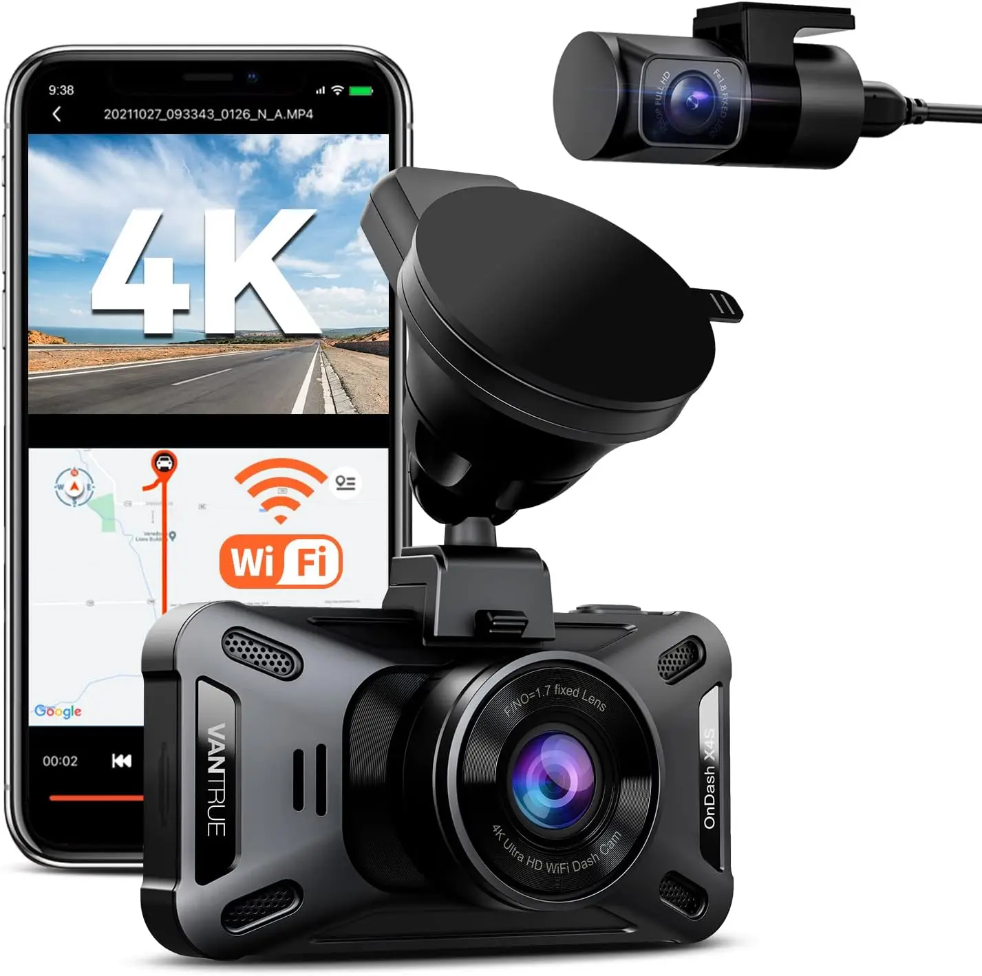 Vantrue X4S Duo 4K+1080P Front and Rear Dash Cam with Free APP, Dual 5G WiFi, 24Hrs Parking Mode, Super Night Vision