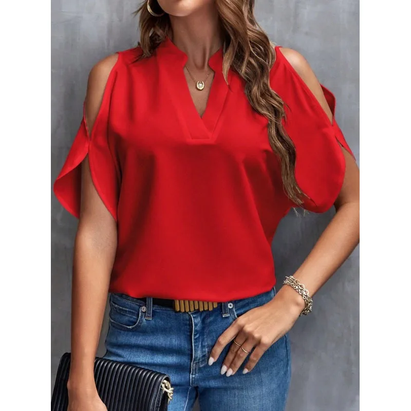 2024 Summer New Solid Color Pullovers V-Neck Simplicity Elegant Loose Versatile Fashion Off Shoulder Sleeves Women's Shirt Tops