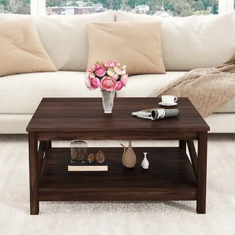 31.5" Modern Square Wood Coffee Table With Open Storage Shelf For Living Room 2