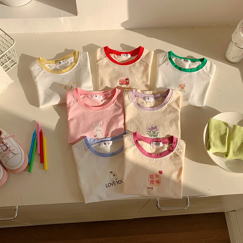 

Хлопковая футболка с коротким рукавом и надписью для мальчиков и девочек, детская одежда, Новинка лета 2024, футболка в Корейском стиле, Топ