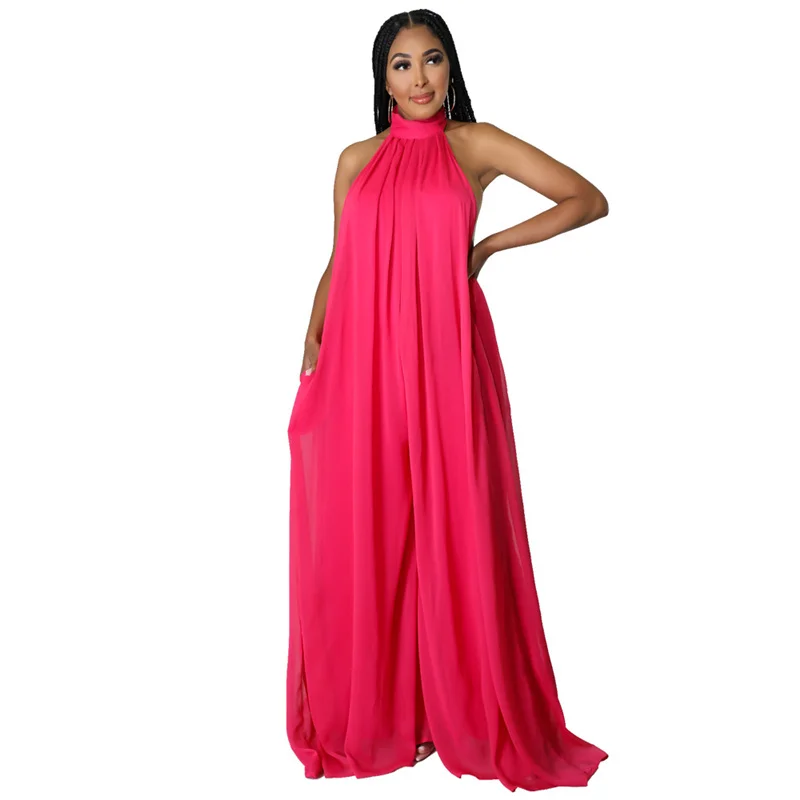 Summer Boho Style Women Chiffon Halter Backless Jumpsuits Loose Style Long Overalls Elegant Party Club Jumpsuit