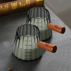 Wood Handle Glass Espresso Measuring Cup - High - Temperature Resistant Milk Jug with Scale, 180ml Capacity - 180ml (Black 2Pcs)