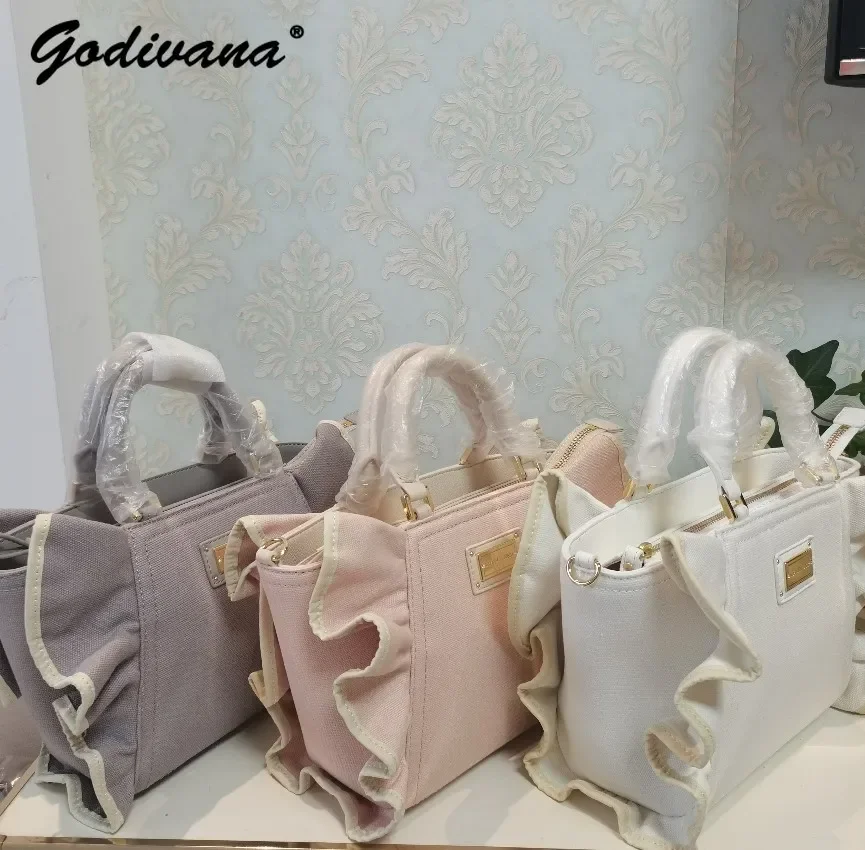 Japanese Style Fashion Small Ruffled Embroidered Letters Women's Handbag Retro Casual Canvas Tote Bags tinberon fashion retro bee leather belts shoulder strap handbag accessories adjustable bee bag straps luxury bags shoulder strap