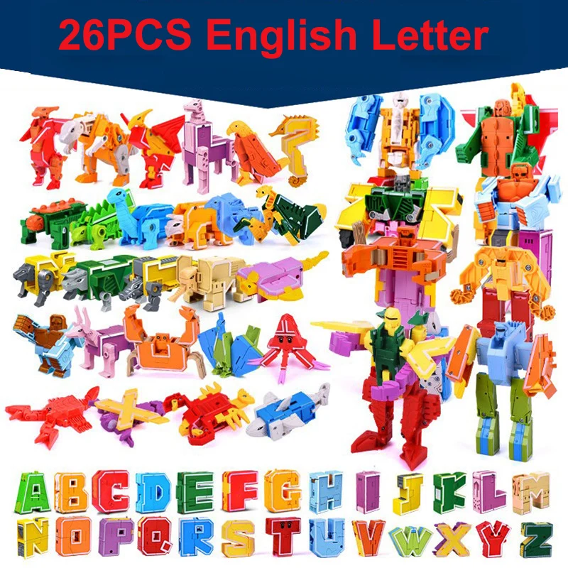 Educational Learning Toy Alphabet Educational Toys 26 GUDI English Letter Learn A-Z Alphabet Transformation Robot Dinosaur Deformation Animal Action Figures Building Block Toys