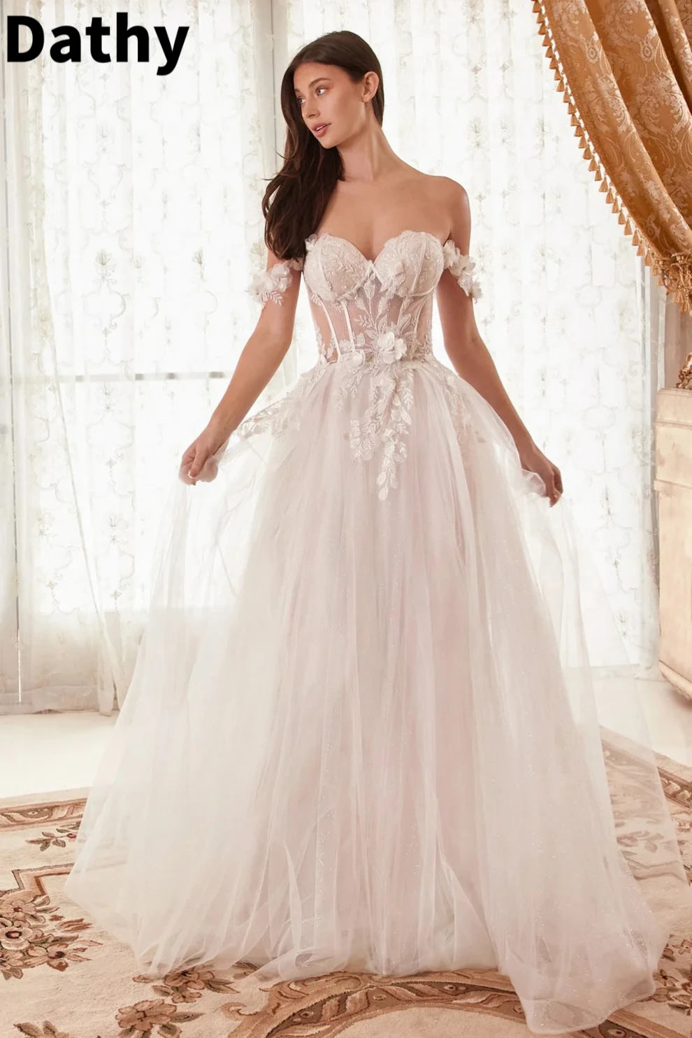 

French White Off The Shoulder Wedding Dress 3D Floral Straps A Line Long Dress Corset With Zip At Back Formal Dresses