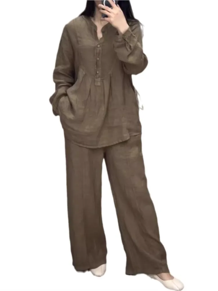 Women's 2-Piece Outfit Set – Oversized Button-Down Shirt & High-Waist Pleated Pants, Blue, Size Small - View #8