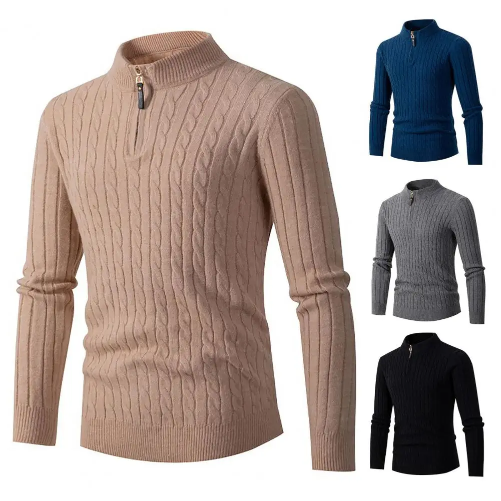 Men Autumn Sweater Thick Zipper Half high Collar Twist Pattern Solid ...