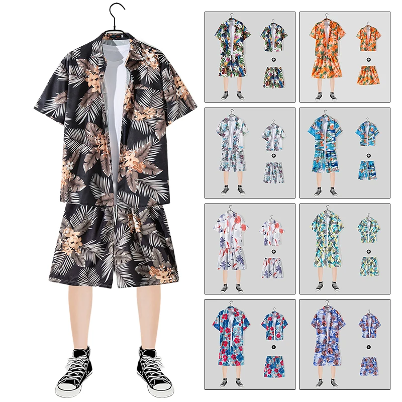 Summer Men 2 Piece Beach Sets Streetwear Short Sleeve Shirt  Shorts Breathable Casual Men Hawaiian Travel Shirt Shorts Suits