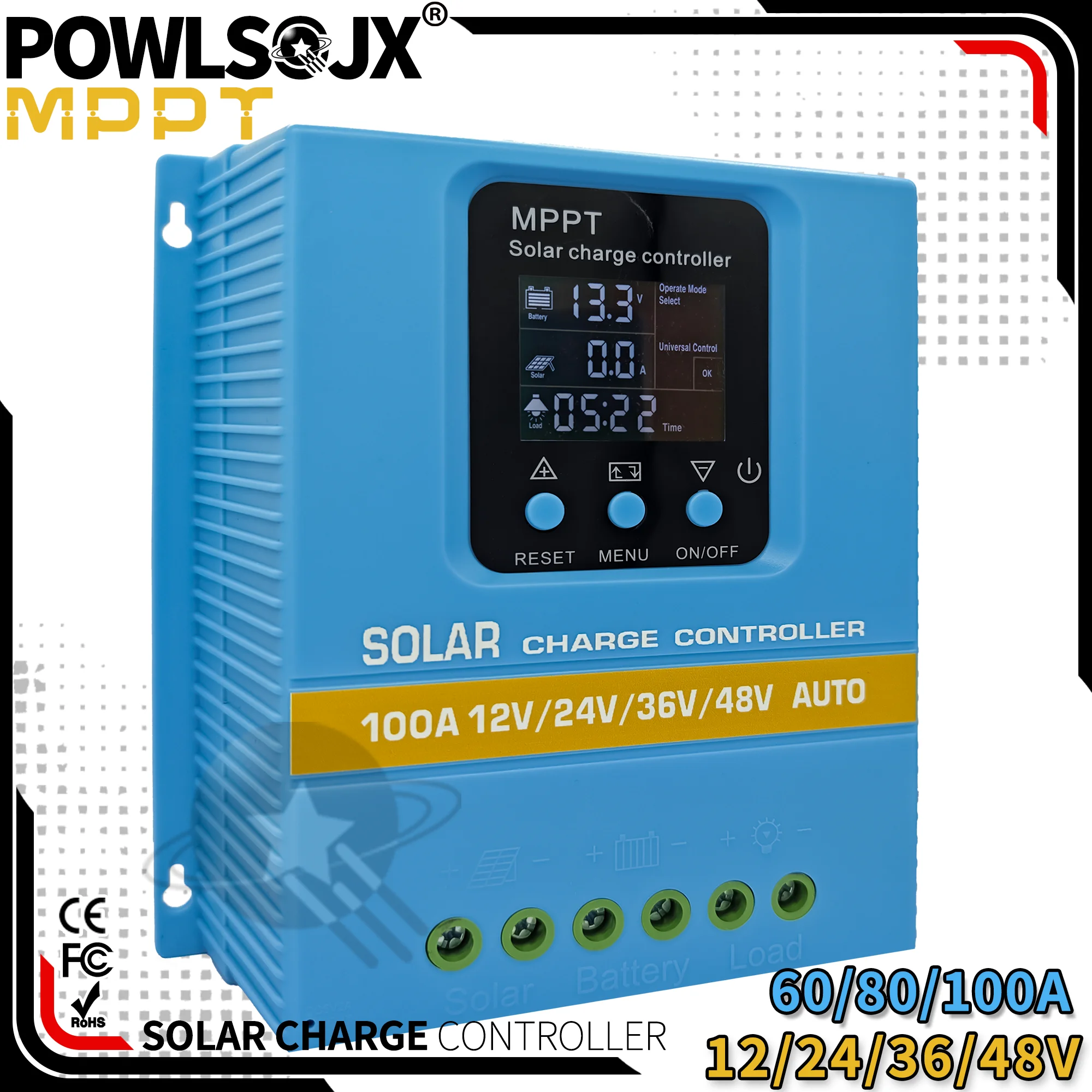 Chargeur solaire POWLSOJX MPPT 60A/80A/100A sélectionnable, double USB et protection en 3 étapes pour réverbères/systèmes d'alimentation domestique 1 Chargeur solaire POWLSOJX MPPT 60A/80A/100A sélectionnable, double USB et protection en 3 étapes pour réverbères/systèmes d'alimentation domestique 1
