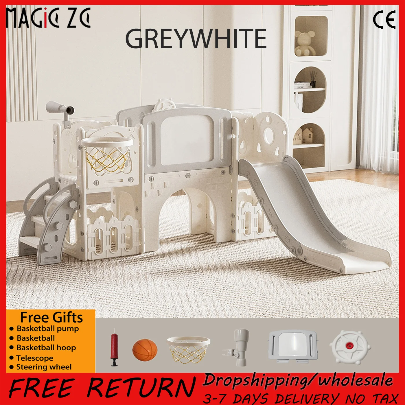 Maison de jeu de fusée populaire : toboggan, télescope, volant et échelle d'escalade Centre de jeu pour enfants avec toboggan, basket-ball et planche à dessin, repose-pieds fermé stable, matériau écologique HDPE. Thème de fusée multi-jeu!