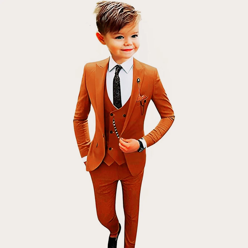 Solid Boy Wedding Suit Kid's Single Breasted Suits Blazer Vest Pants Peak Lapel Elegant Outfit Tuxedo Set 2 to 18 Years Old