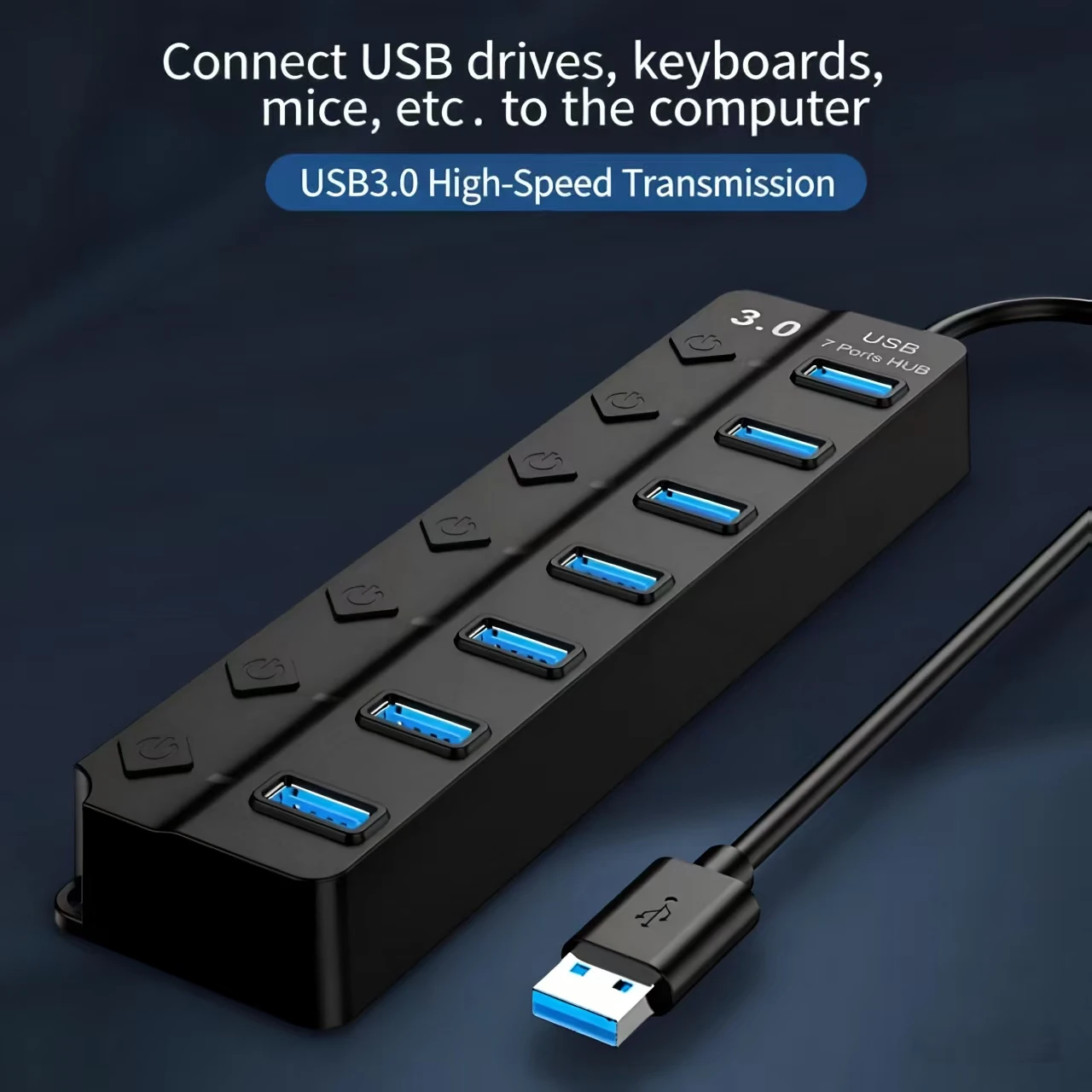 4/7-Port USB 3.0 HubLED Indicator, Individual Switch Control, CompatibleLaptops, Flash Drives, Hard Drives, Computer