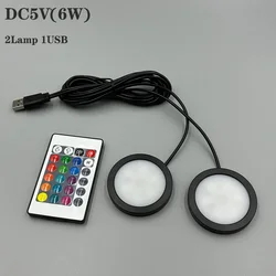 LED Spotlight with USB Plug and Remote Control - Adjustable Mini RGB Light for Cabinets and Showcases (6W Black 2Lamp1USB)