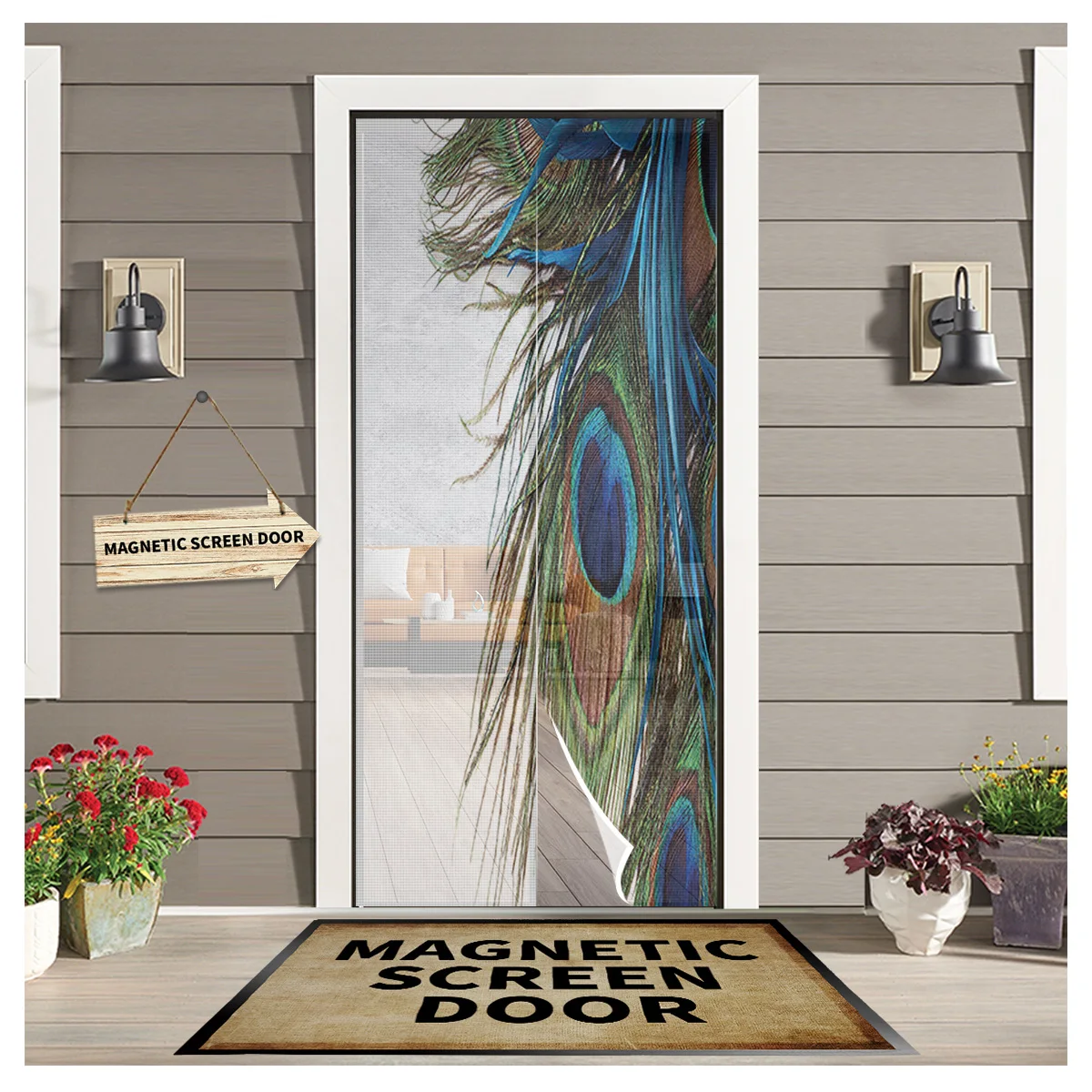 

Peacock Feather White New Bedroom Door Curtain Magnetic Mosquito Screen Kitchen Door Voile Fabric Mosquito Net