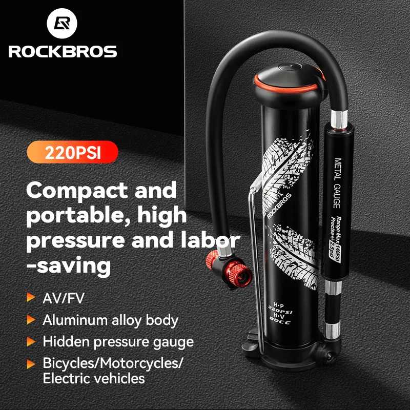 ROCKBROS 220 PSI Cycling Pump MTB Road Bike Pump Tire Inflator Portable