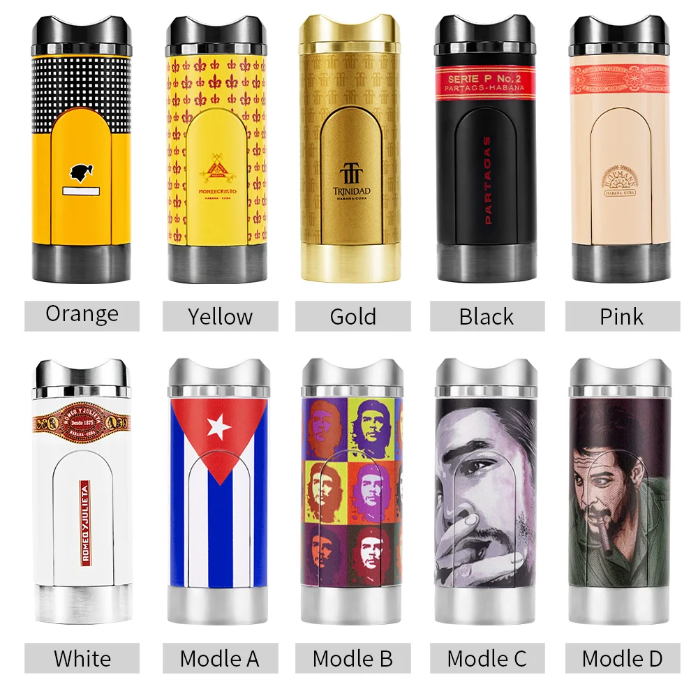 Cigar Lighter Built In Puncher Windproof Cigar Lighter Holder Butane 3 Torch Jet Flame Smoking Accessories With Gift Box