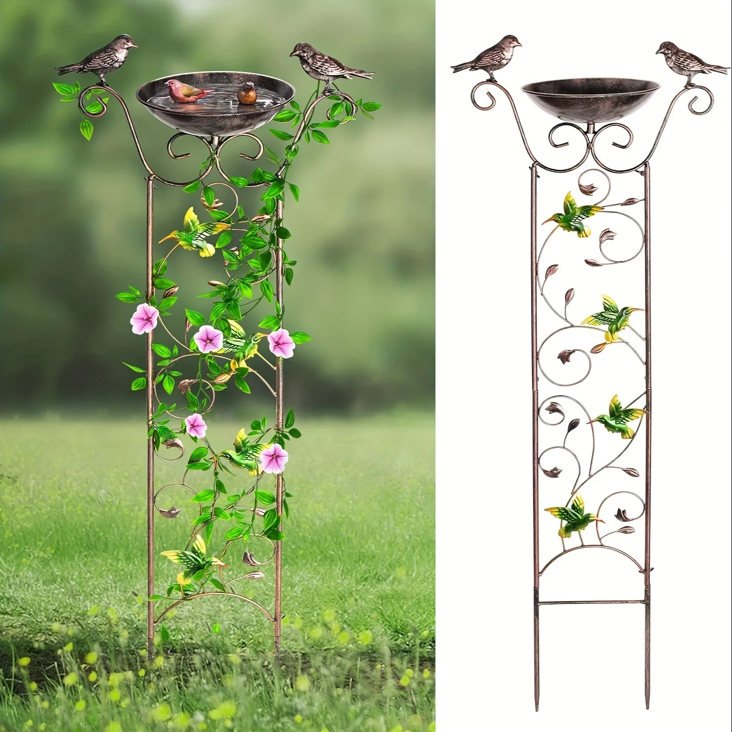 40in Bird Bath for Climbing Plants Outdoor with Garden Trellis with Decorative Butterflies Free Standing Detachable