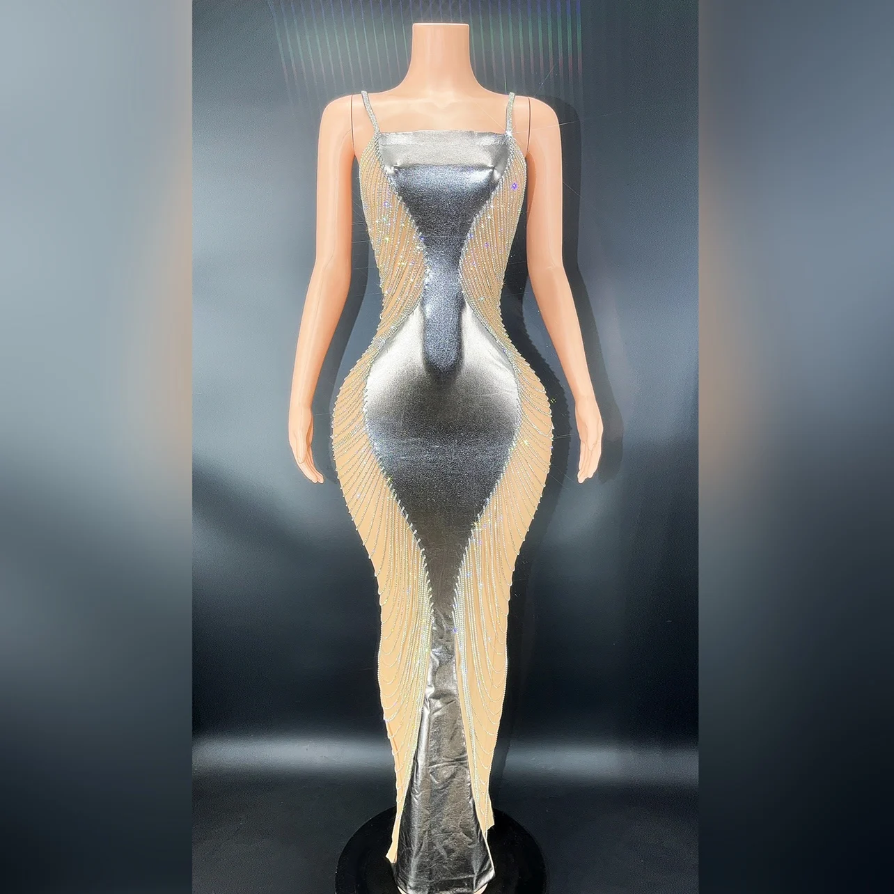 

Shiny Hourglass Chain Dress Sexy Dresses Dancer Stretch Stage Costume Outfit Evening Prom Party Collection Catwalk Dinner Dress