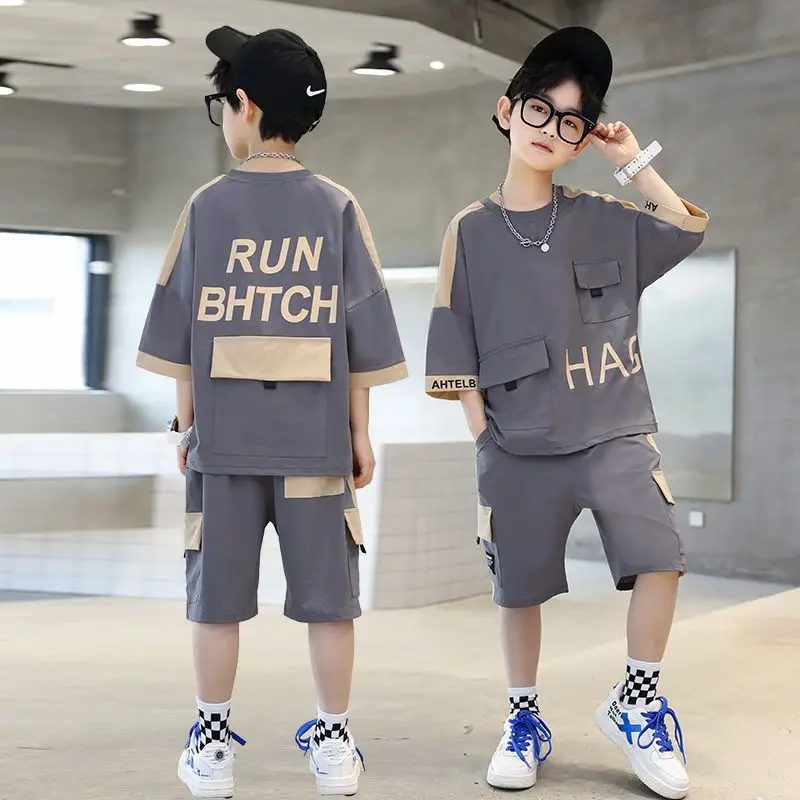 

Children Boys Clothes Summer Patchwork T-Shirt & Contrast Colors Shorts 2 Pieces Set Teenage Boy Street Wear Letter Tracksuit