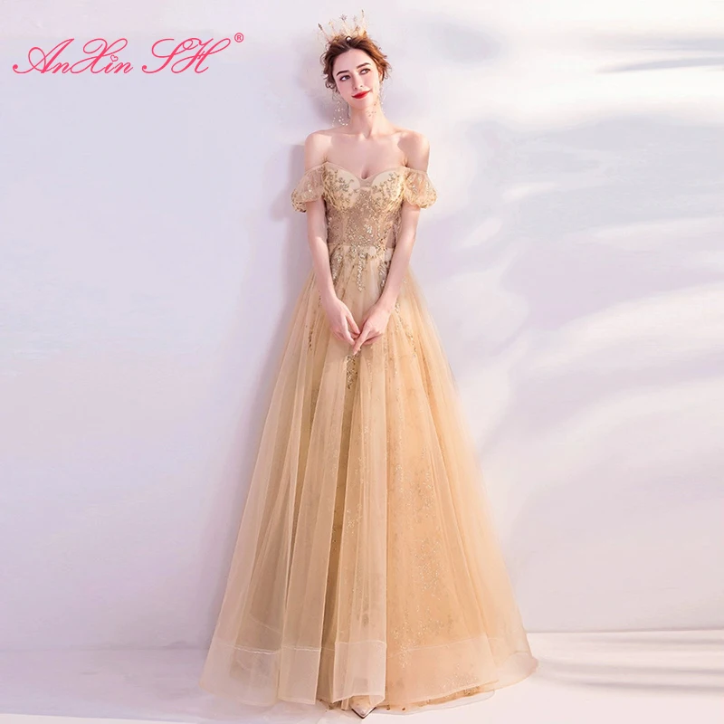 

AnXin SH princess golden flower sparkly lace party vintage boat neck sleeveless beading crystal a line bride evening dress 5981